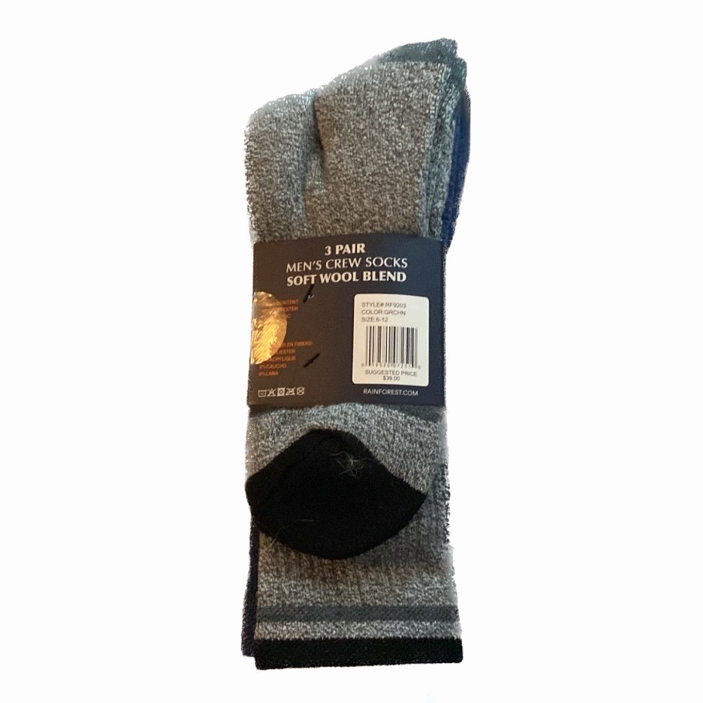 Rainforest 3 Pack Wool Blend Crew Sock Men's 6-12 Multi Color - Picture 2 of 5